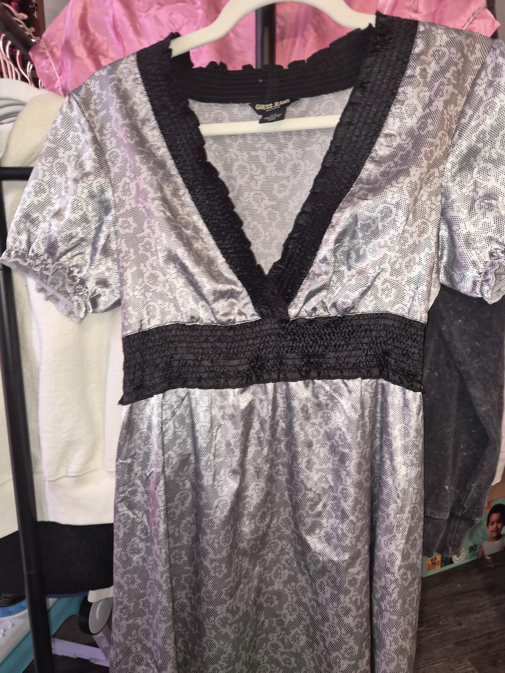 Guess Jeans Silver Flower Print V-Neck Dress with Black Trim